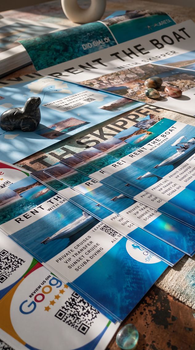 Τουριστικά φυλλάδια και έντυπα ενοικίασης σκαφών με skipper και κωδικούς QR